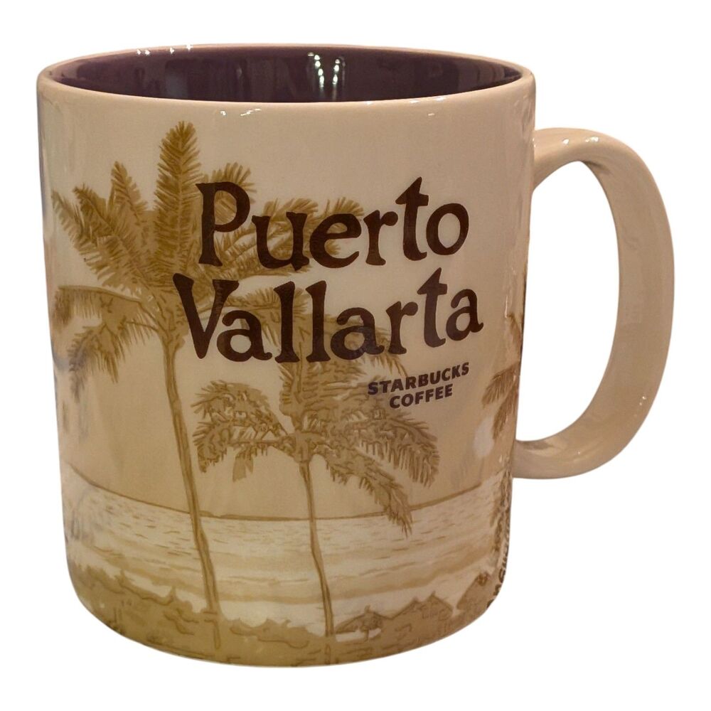 Starbucks Puerto Vallarta City Coffee Mug Palm Trees Purple 16 Oz 2014 Mexico